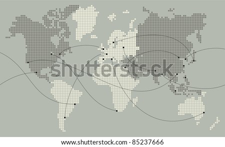 World map made out of small squares. Main cities are marked and connected with lines