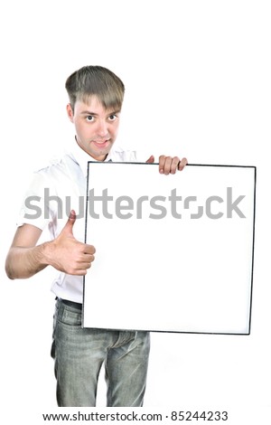 young is a smart guy with a big white sheet of paper in hand, isolated over white