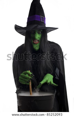 Evil witch stirring her misty cauldron, white background.