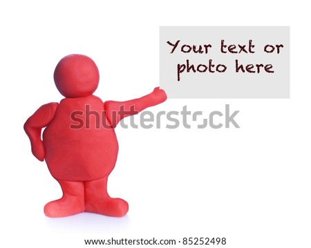Red plasticine man holding and showing a blank card with copy-space for your text or image on white background