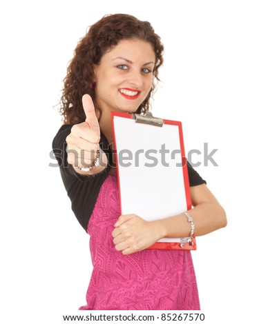 successful smiling young woman with clipboard and thumb up