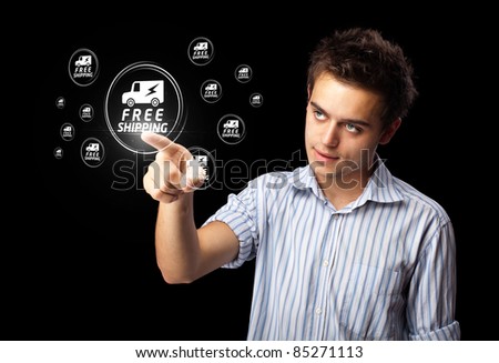 Businessman pressing promotion and shipping type of modern buttons