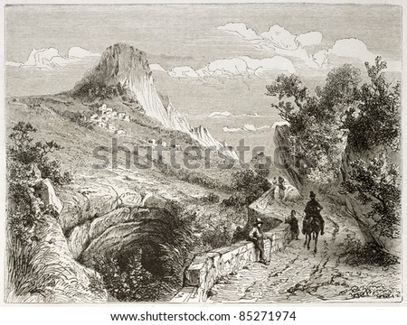 Plain-de-Baix old view with Vellon rock in background. Created by Girardet after Muston, published on Le Tour du Monde, Paris, 1860