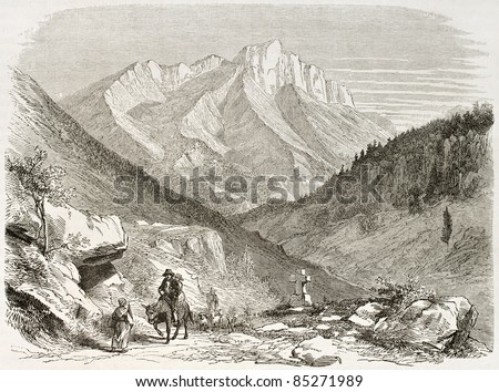 Mount Aurouze old view, France. Created by Francais after Muston, published on Le Tour du Monde, Paris, 1860