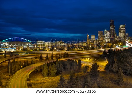 Seattle Downtown Skyline and Freeway Light Trails at Blue Hour