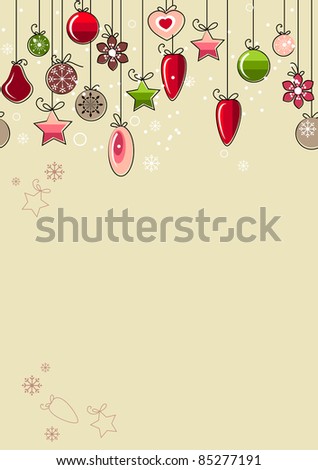 Beige background with hanging contour Christmas decorations. Raster version.