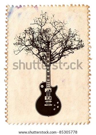 creative music stamp with guitar and tree
