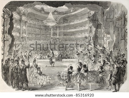Ballet old illustration, view from backstage. Created by Godefroy-Durand, published on L'Illustration, Journal Universel, Paris, 1860.