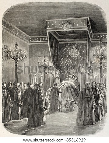 Jerome Bonaparte funeral room, old illustration. Created by Blanchard, published on L'Illustration, Journal Universel, Paris, 1860