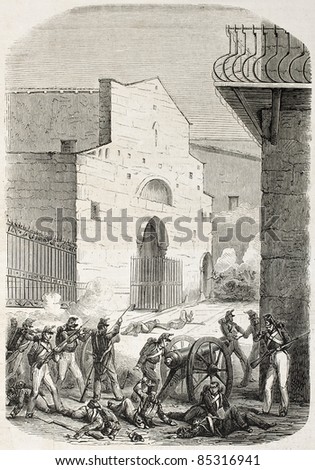 Battle near Gancia convent old illustration. Palermo, Italy. Created by Worms, published on L'Illustration, Journal Universel, Paris, 1860