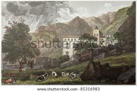 Sanctuary of Santa Rosalia old view, near palermo, Sicily. Created by De Wint and Hearth, printed by McQueen, publ. in London, 1821. Ed. on Sicilian Scenery, Rodwell and Martins, London, 1823