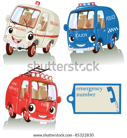 Vector illustration, cute smiling emergency cars with label, card concept, white background.
