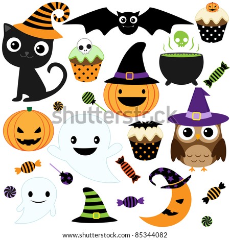 Set of cute vector Halloween elements, objects and icons for your design