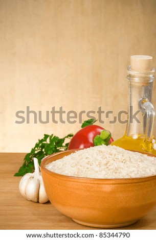 rice and food ingredient on wood background