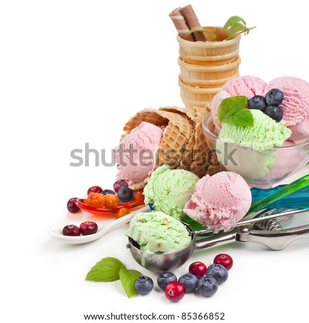 ice cream with fresh berries isolated on white background
