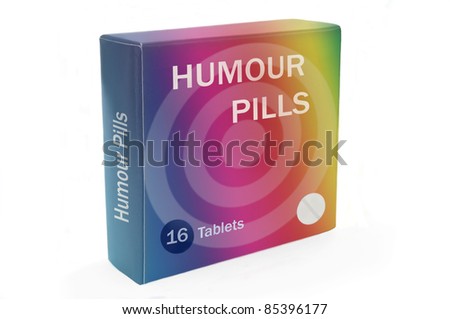 Close and low level angle capturing a multicoloured medication pack with the words "Humour Pills" arranged over white.