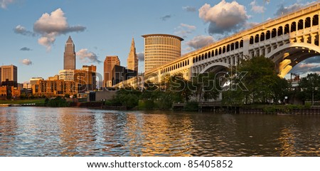 Cleveland. Image of Cleveland downtown skyline at sunset.