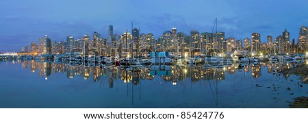 Vancouver BC Canada Downtown Harbor Skyline at Blue Hour Panorama