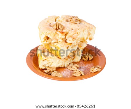  Apple Pie  ( charlotte) with walnuts on white background
