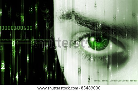 Background with figures in movement and eye Royalty-Free Stock Photo #85489000