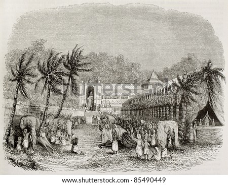 Buddhist procession in Ceylon, old illustration. Created by Girardet, published on Magasin Pittoresque, Paris, 1842