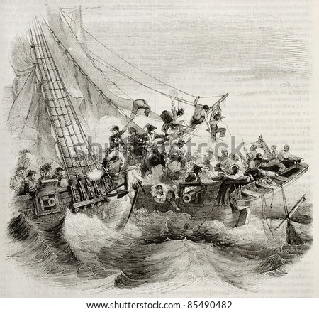French shooner Courier boarding British ship Hazard. Created by Gudin, published on Magasin Pittoresque, Paris, 1842