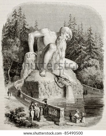 Appennin Colossus old illustration, Villa Demidoff, Pratolino, Italy. By unidentified author, published on Magasin Pittoresque, Paris, 1842