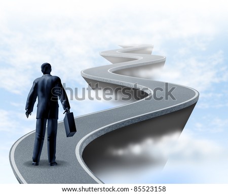 Business uncertainty and risk showing a winding road high above the clouds showing the concept of danger and challenges faced in business and the corporate world of finance and financial services. Royalty-Free Stock Photo #85523158