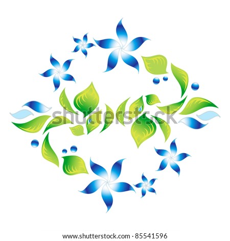 Element of an ornament with green foliage and blue flowers 4