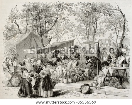 Flower market old illustration, Paris. Created by Girardet, published on Magasin Pittoresque, Paris, 1842