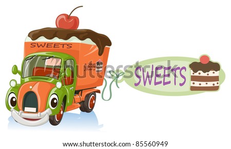 Vector illustration, cute smiling car transporting sweets, cartoon concept, white background.