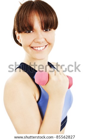 Fitness woman. Fit fitness girl smiling happy lifting weights looking strength training shoulder muscles. Isolated on white background