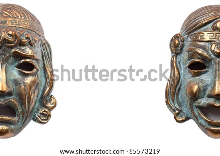 bronze masks symbolize Greek comedy and tragedy in the theater Royalty-Free Stock Photo #85573219