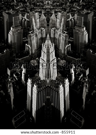 Scan of medium format's original black&white negative shot in New York from observation deck of WTC in May 1999. Symmetries in Photoshop