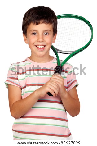 Adorable child with a tennis racket isolated on a over white