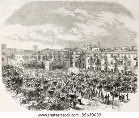 Fountains inauguration in Alexandria, Egypt. Created by Godefroy-Durand after photo of Driegen, published on L'Illustration, Journal Universel, Paris, 1860
