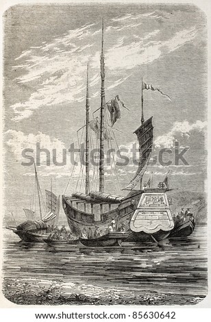 Merchant junk stern view, old illustration. Created by Gaildrau, published on L'Illustration, Journal Universel, Paris, 1860