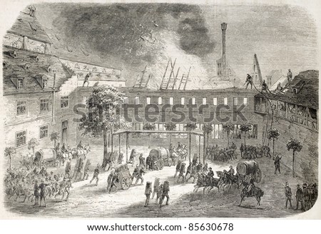 Saint-Guillaume college fire, Strasbourg, France. Created by Gaildrau, published on L'Illustration, Journal Universel, Paris, 1860