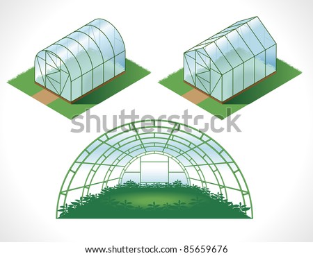 color picture of different greenhouses. drawing in the isometry