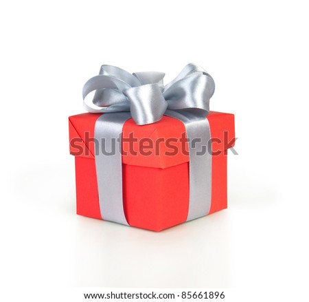 red gift box with silver ribbon isolated on white