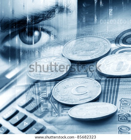 Abstract background with a money, numbers, woman's eye and calculator Royalty-Free Stock Photo #85682323