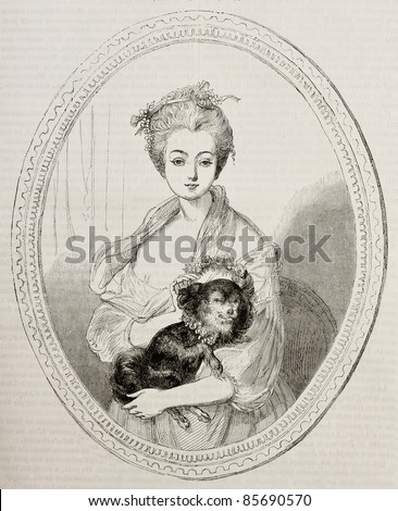 Woman portrait kept in Angers museum. Created Germain after painting of Greuze, published on Magasin Pittoresque, Paris, 1842 Royalty-Free Stock Photo #85690570
