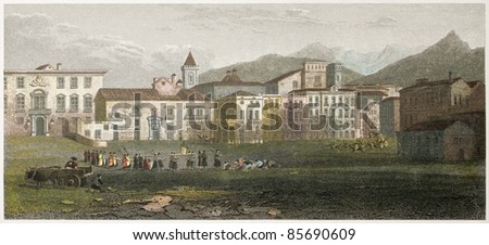 Piazza Marina old view, Palermo, Sicily. Created by De Wint and Byrne, printed by McQueen, publ. in London, 1821. Ed. on Sicilian Scenery, Rodwell and Martins, London, 1823