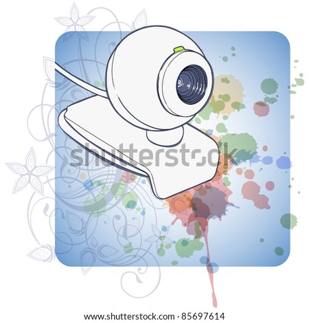 Web camera & floral calligraphy ornament - a stylized orchid, color paint background
