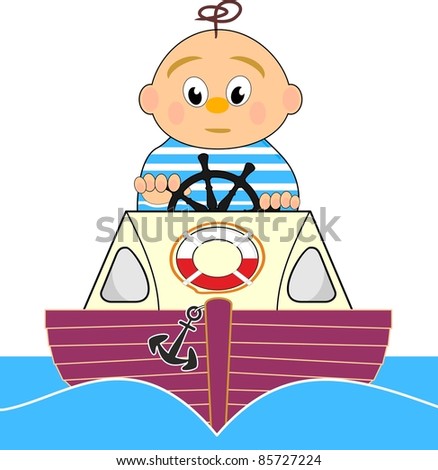 Lifeguard, Motor boat and sailor boy - vector cartoon illustration Isolated on white background