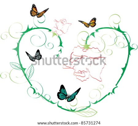 Heart of roses with butterflies