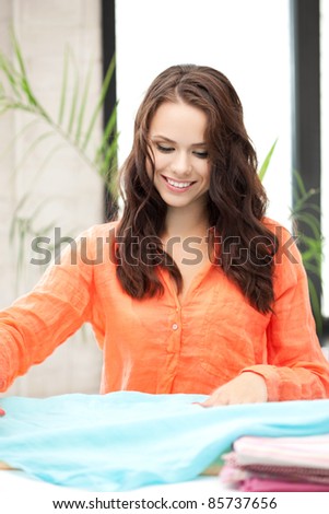 bright picture of lovely housewife with iron