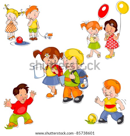 set of colored painted children. Children in school, children in kindergarten and kids for a walk