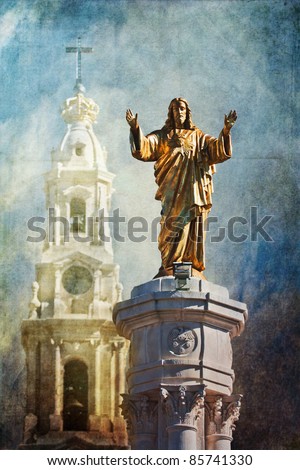 grunge textured picture of a jesus sculpture at the famous pilgrimage site in fatima Portugal
