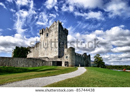 Ross Castle (Irish: Caisleán an Rois) is located on the edge of Lough Leane, in Killarney National Park, County Kerry, Ireland. Royalty-Free Stock Photo #85744438